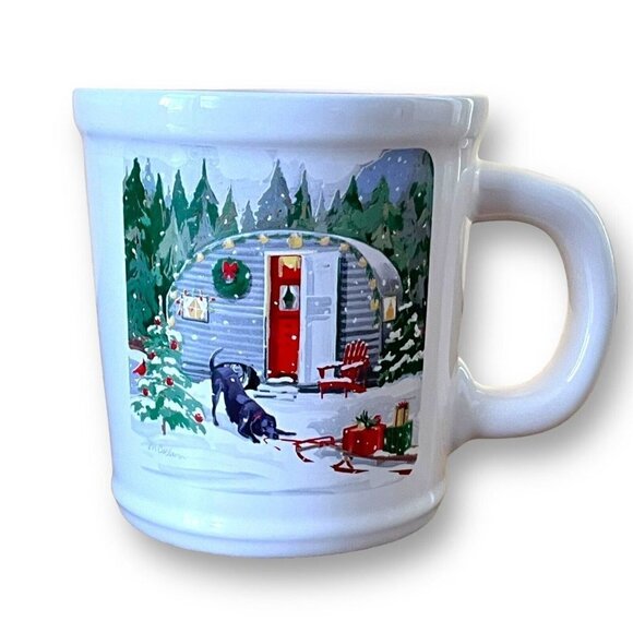 Magenta Rae Dunn Christmas Mug White Red Travel Camper Trailer Black Lab Dog - Picture 1 of 4
